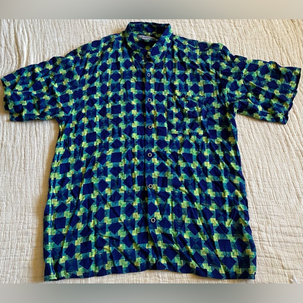 Simultaneous Mens Print Casual Vacation Geometric Shirt Rayon Size XL Green